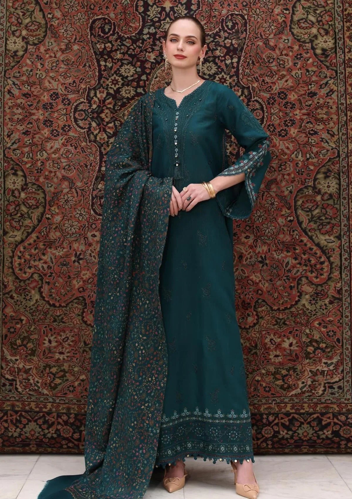 3PC Lawn Embroidered Shirt With Digital Printed Jauqard Dupatta- SS 5128