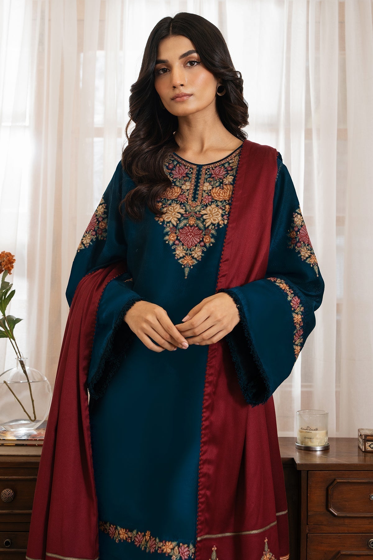 Dhanak-3PC Embroidered Shirt with Digital Printed Wool Shawl - 3495