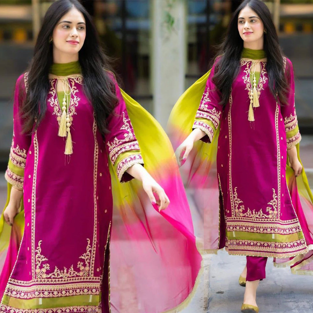 Omal By Komal Luxe Linen 3PC Embroidered Dress with Chiffon Dye N Dye Dupatta – ZC1311