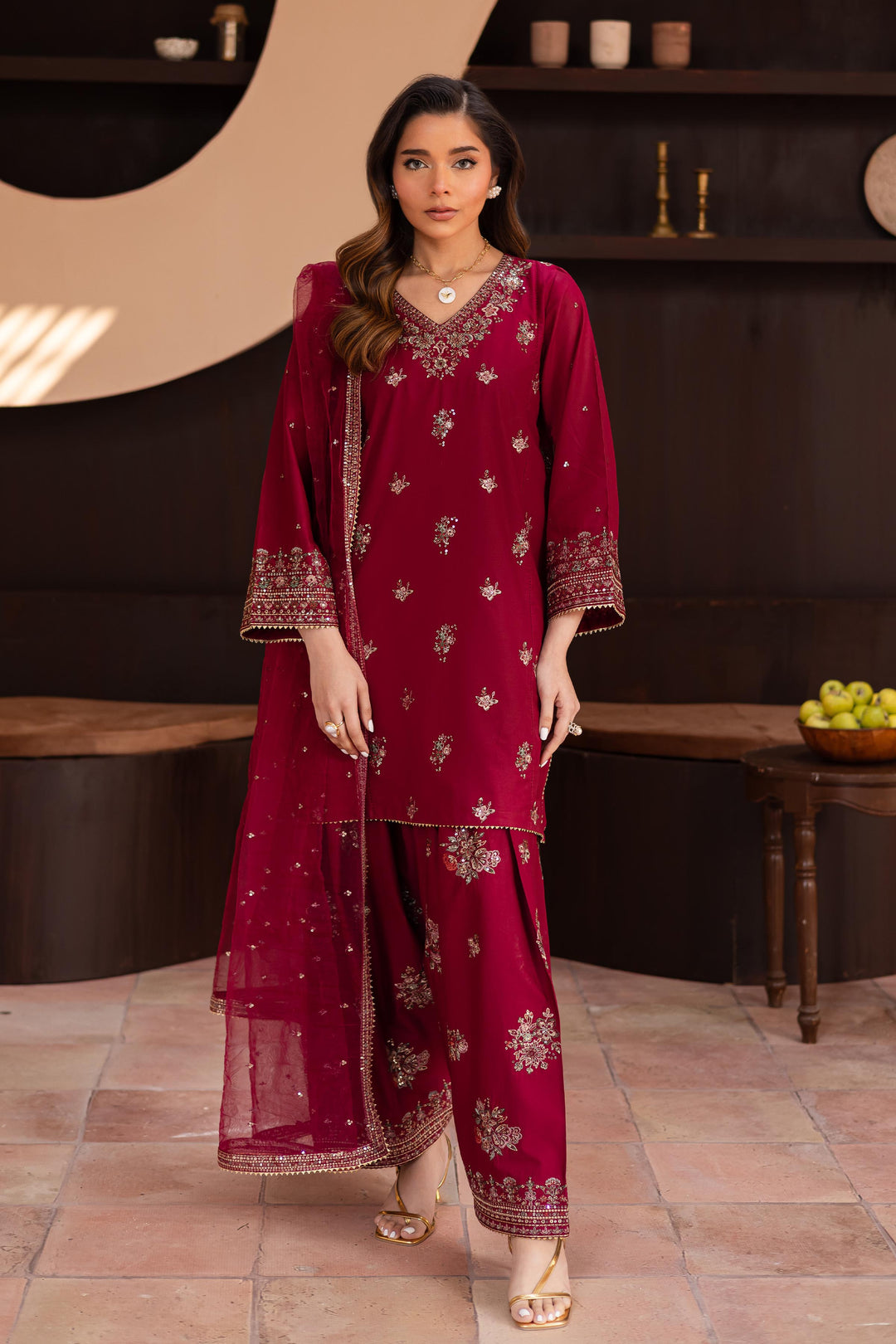 Dhanak 3PC Embroidered Shirt with Organza Embroidered Dupatta – ZC3370
