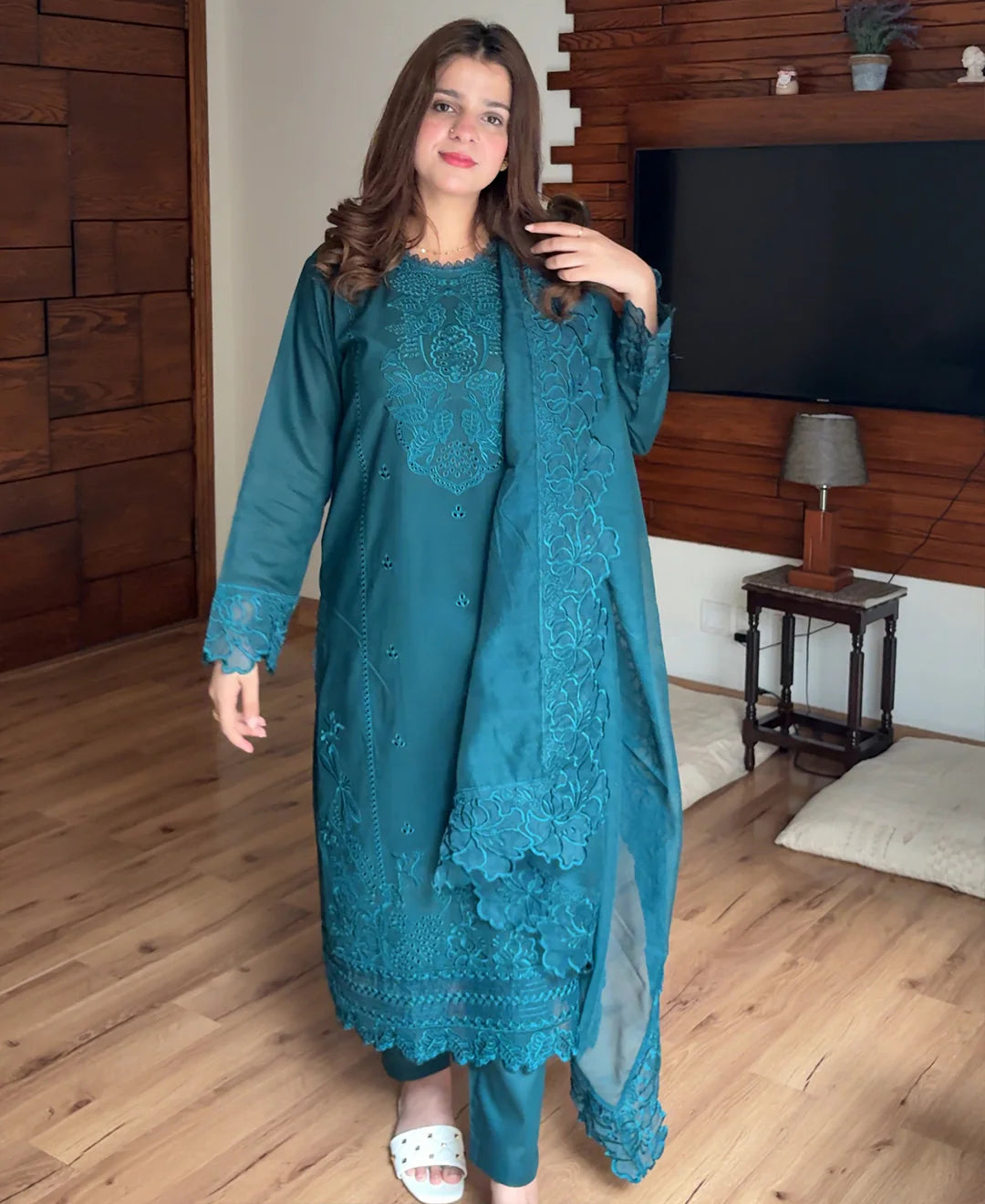 Unstitched 3PC Embroidered Lawn Suit - NF - 1102