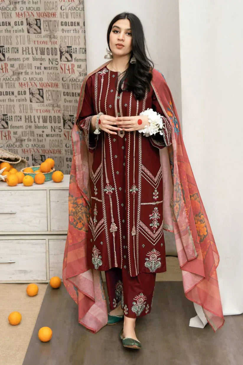 URGE Dhanak 3PC Embroidered Suit with Digital Printed Shawl – ZC169