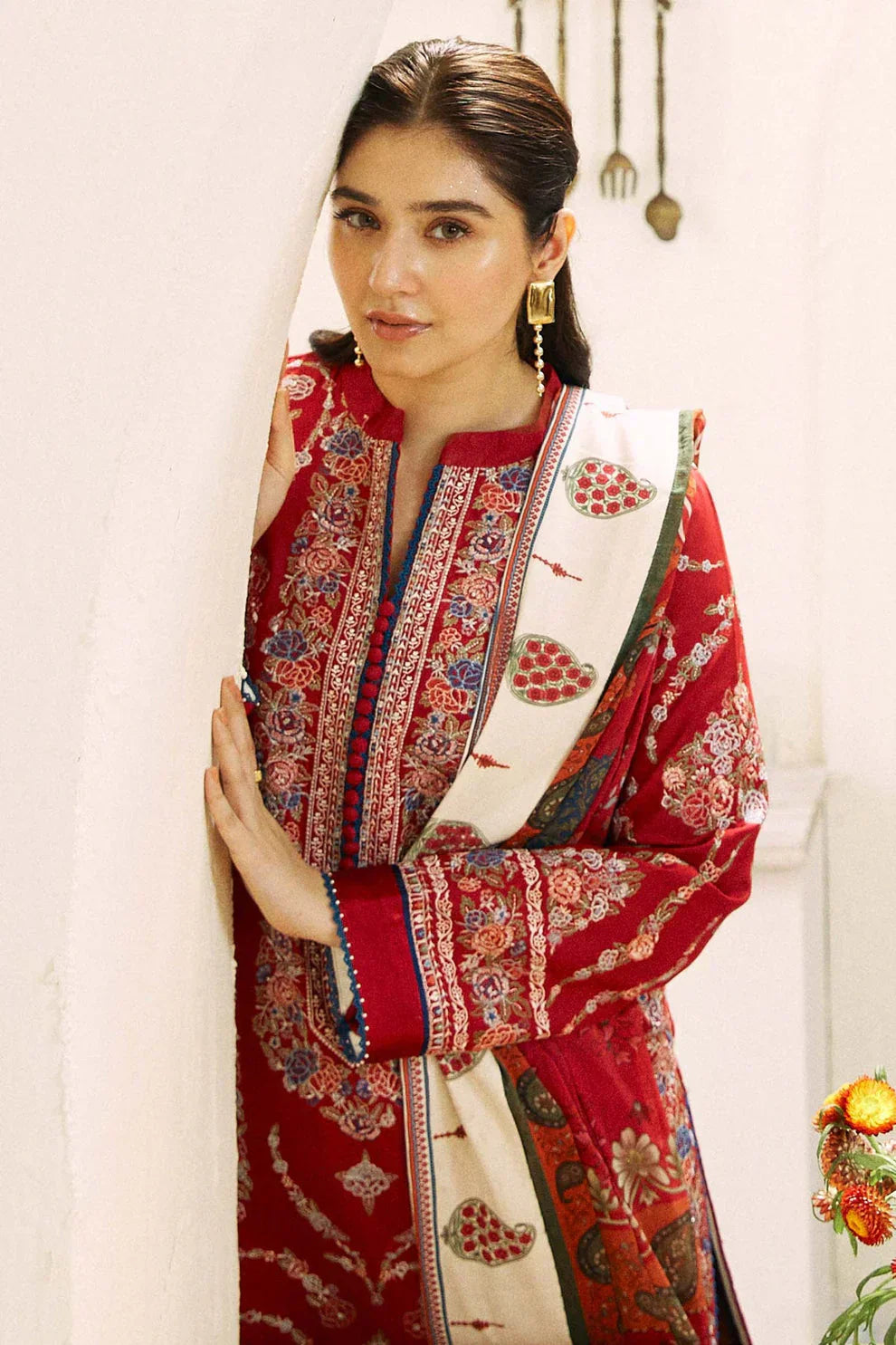 Dhanak 3PC Embroidered Shirt with Digital Printed Wool Shawl – ZC659