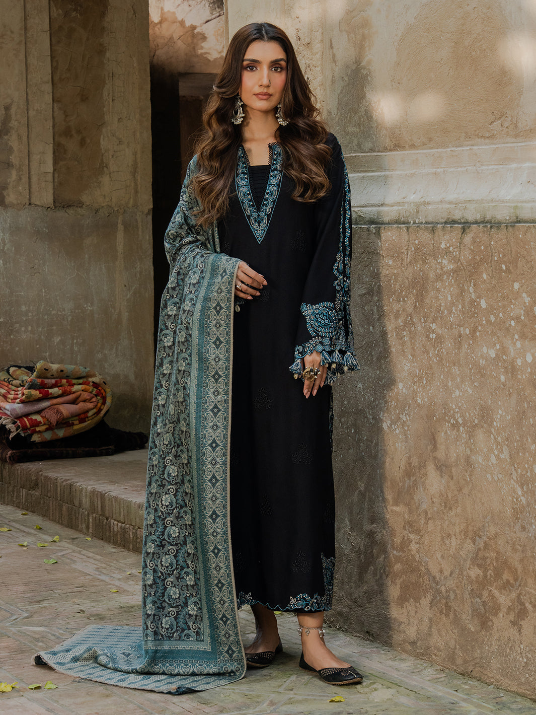 Dhanak-3PC Embroidered Shirt with Digital Printed Wool Shawl - 3552