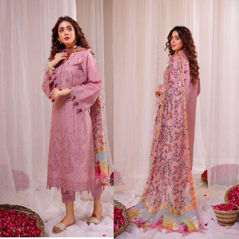 IDEAS CREATIVE Dhanak 3PC Embroidered With Digital Printed Shawl-664