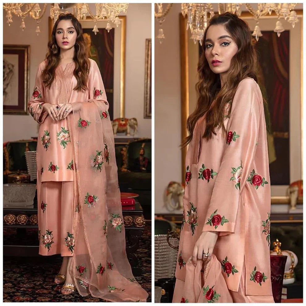 Silk 3PC Embroidered Shirt with Organza Embroidered Dupatta – ZC1314