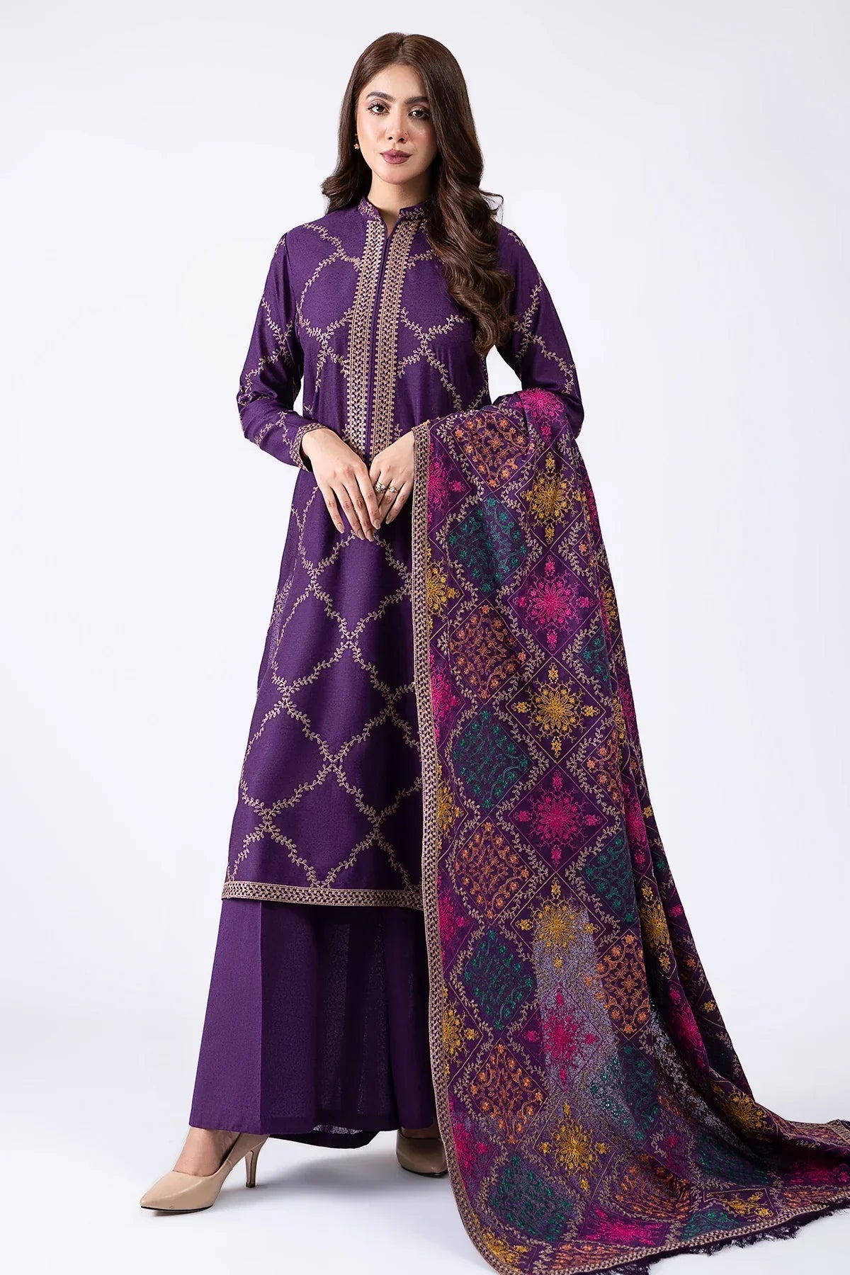 Kayseria Dhanak 3PC Embroidered Suit with Embroidered Dhanak Shawl – ZC102